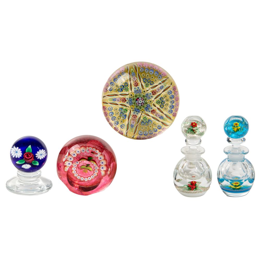 Appraisal: PAPERWEIGHT AND PERFUME BOTTLE ASSORTMENT items including a Francis Whittemore