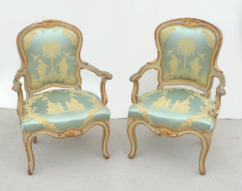 Appraisal: PAIR OF EARLY FRENCH FAUTEUIL ARMS CHAIRS Louis XV style