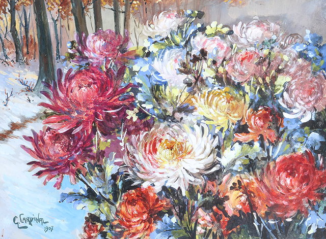 Appraisal: E CARDINALA snow covered forest floor with chrysanthemums signed and