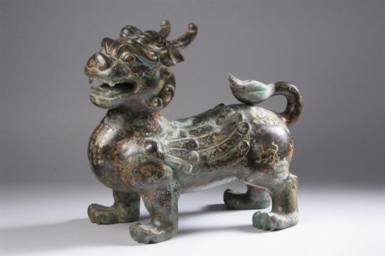 Appraisal: CHINESE ARCHAISTIC BRONZE FIGURE OF QILIN With gilt calligraphy -