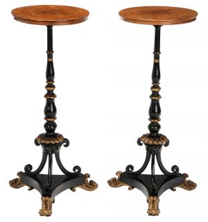 Appraisal: Pair Regency Style Burlwood Parcel Gilt and Ebonized Stands British