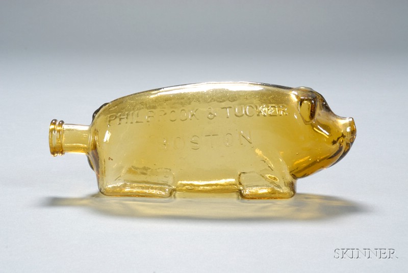 Appraisal: Yellow-Amber PHILBROOK TUCKER SUFFOLK BITTERS Pig-form Flask Boston c with