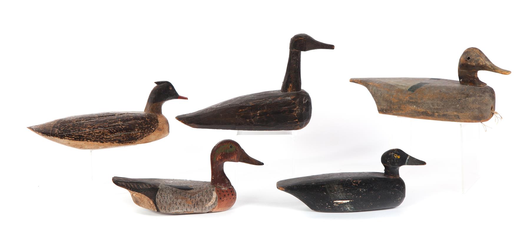 Appraisal: FIVE AMERICAN DUCK DECOYS Mid th century Primitive decoys including