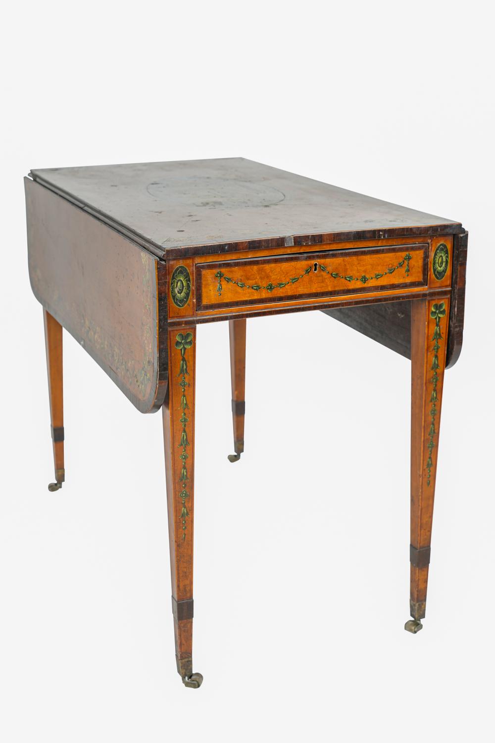 Appraisal: EDWARDIAN PAINTED SATINWOOD PEMBROKE TABLEearly th century the hinged top