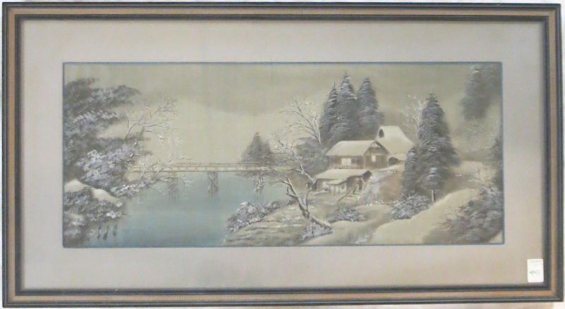 Appraisal: JAPANESE PAINTING ON SILK winter landscape with cottage and bridge