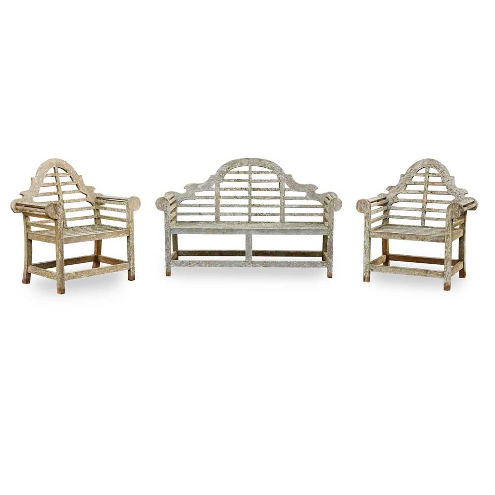 Appraisal: LUTYENS STYLE GARDEN BENCH AND PAIR OF ARMCHAIRS OF RECENT