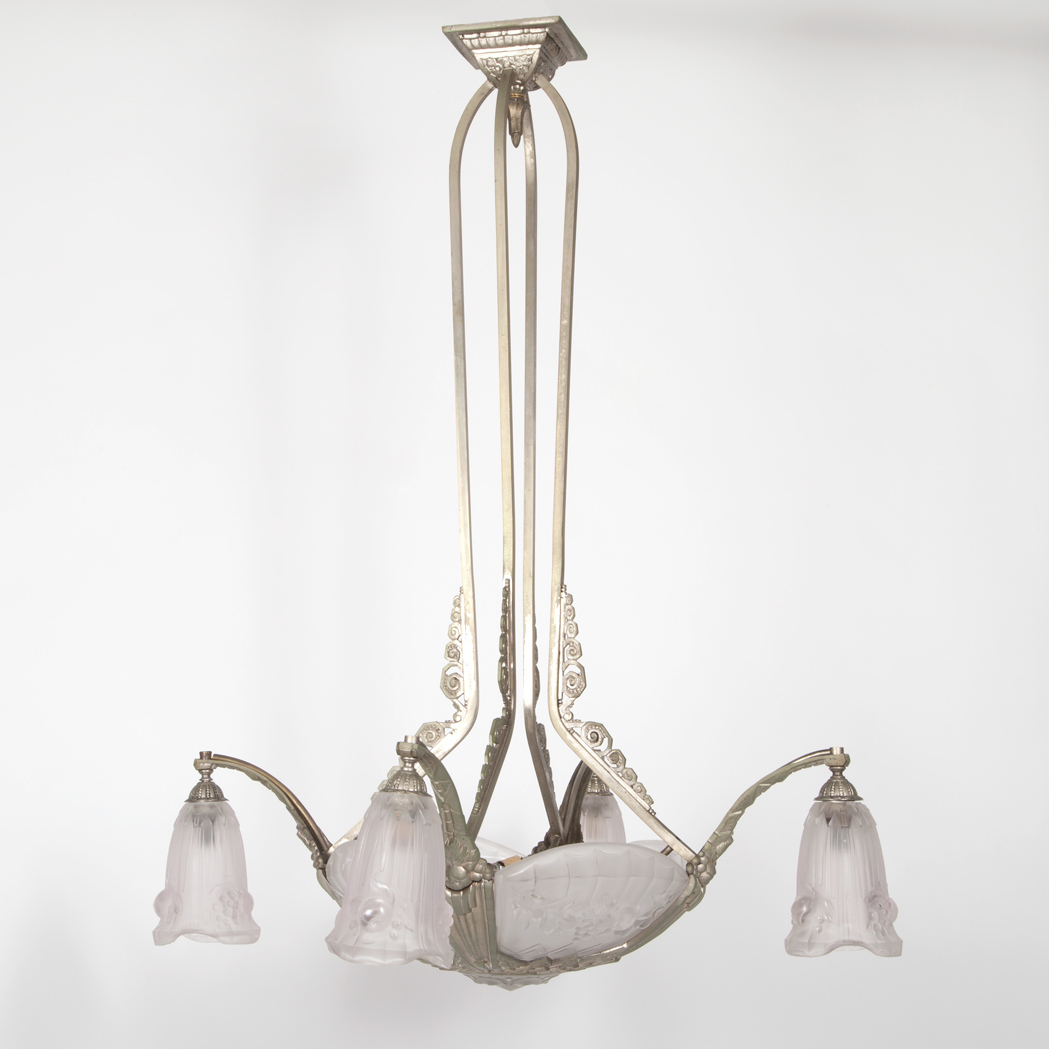 Appraisal: Art Deco Pewter Plated Brass and Molded Glass Eight-Light Chandelier