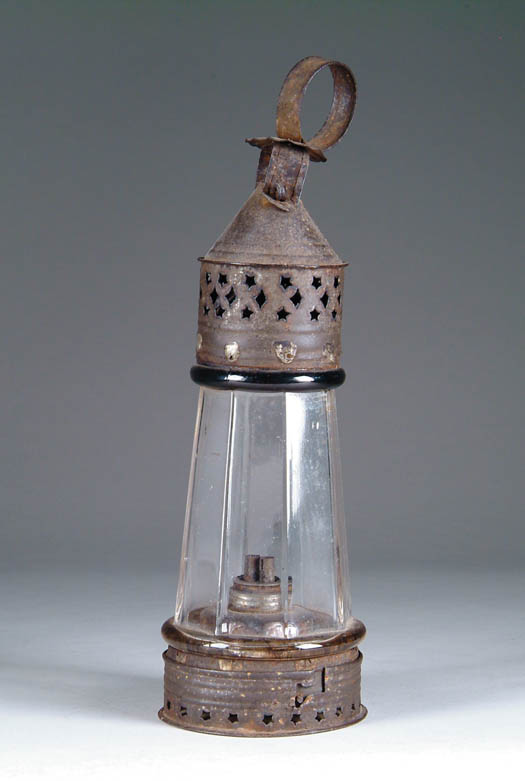 Appraisal: FINE TIN AND GLASS LIGHTHOUSE SHAPED LANTERN The glass globe