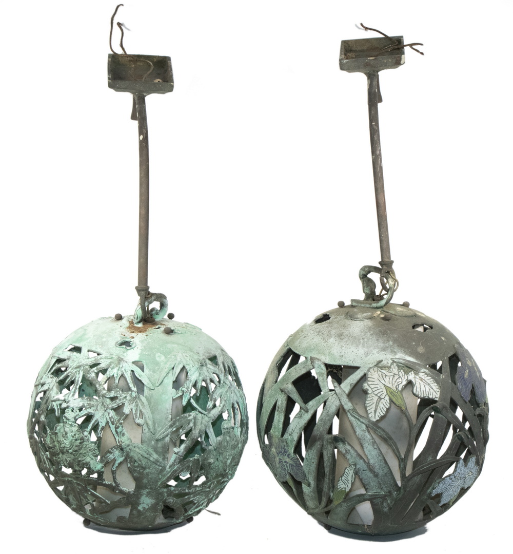 Appraisal: PR OF BRONZE ASIAN THEMED SPHERICAL OUTDOOR WALL-MOUNT ELECTRIC LIGHTS