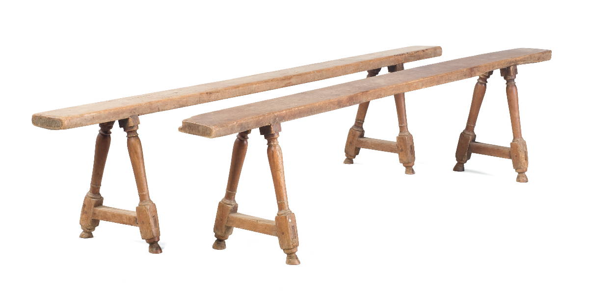 Appraisal: PAIR OF PILGRIM CENTURY MORTISED FRUITWOOD BENCHES WITH BALUSTER-TURNED SPLAYED