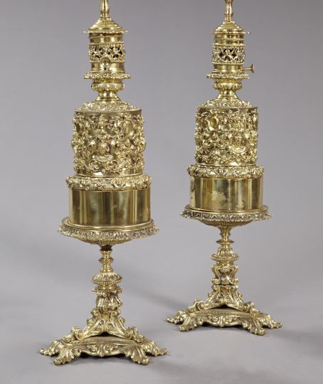 Appraisal: Pair of Lacquered Brass Carcel Lamps mid- th century in