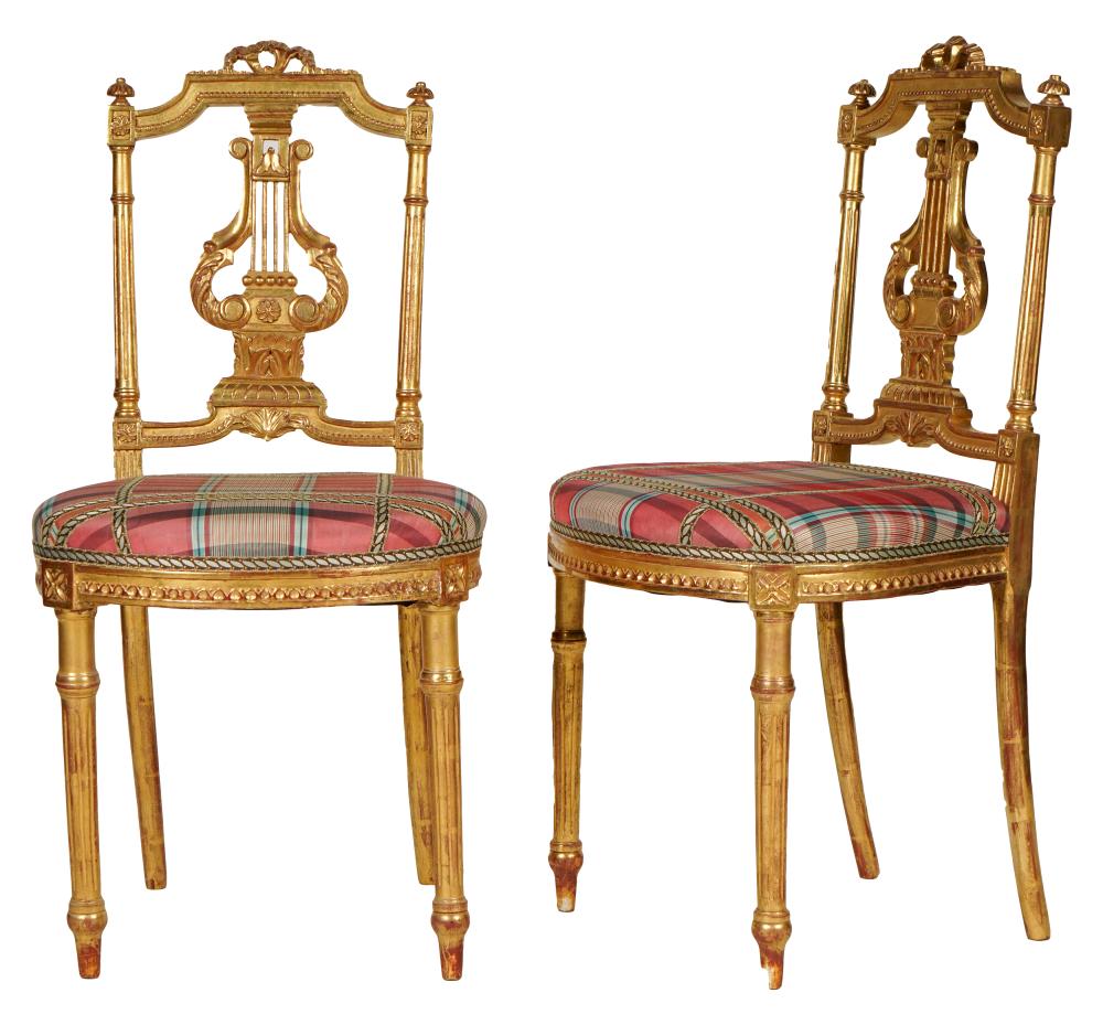 Appraisal: PAIR OF NEOCLASSIC GILTWOOD BALLROOM CHAIRSeach with lyre back over