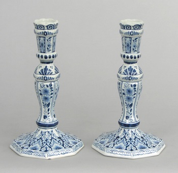 Appraisal: A Pair of Blue White Delftware Candlesticks mid- th Century