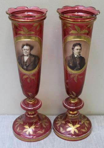 Appraisal: Pair of Bohemian Ruby and Gilt Vases with Male andFemale