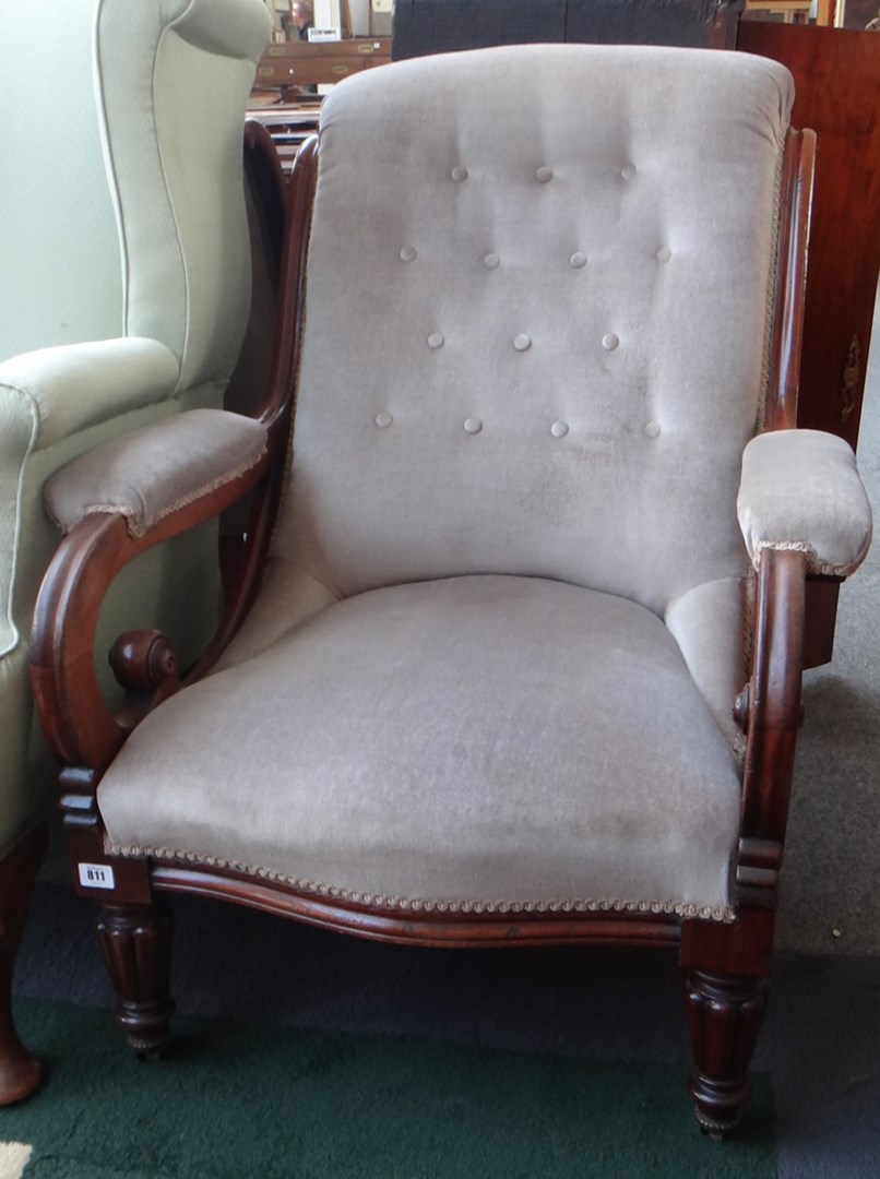 Appraisal: A th century mahogany framed scroll back open armchair on