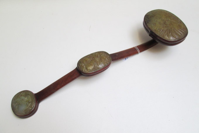 Appraisal: CHINESE ROSEWOOD SCEPTER with three inset hardstone reserves each having