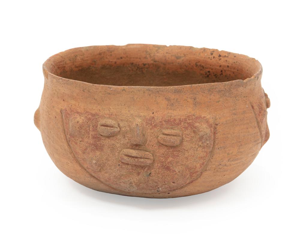 Appraisal: Pre-Columbian Terracotta Pottery Bowl with faces in relief h in