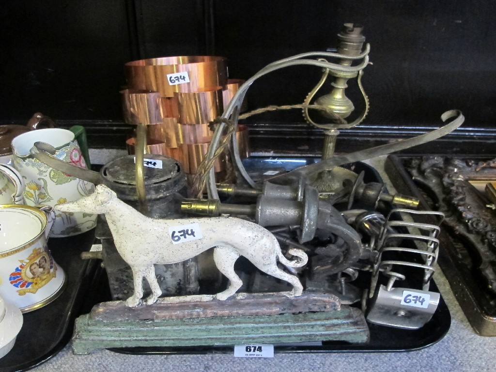 Appraisal: Tray lot of metalware to include greyhound doorstop novelty EP