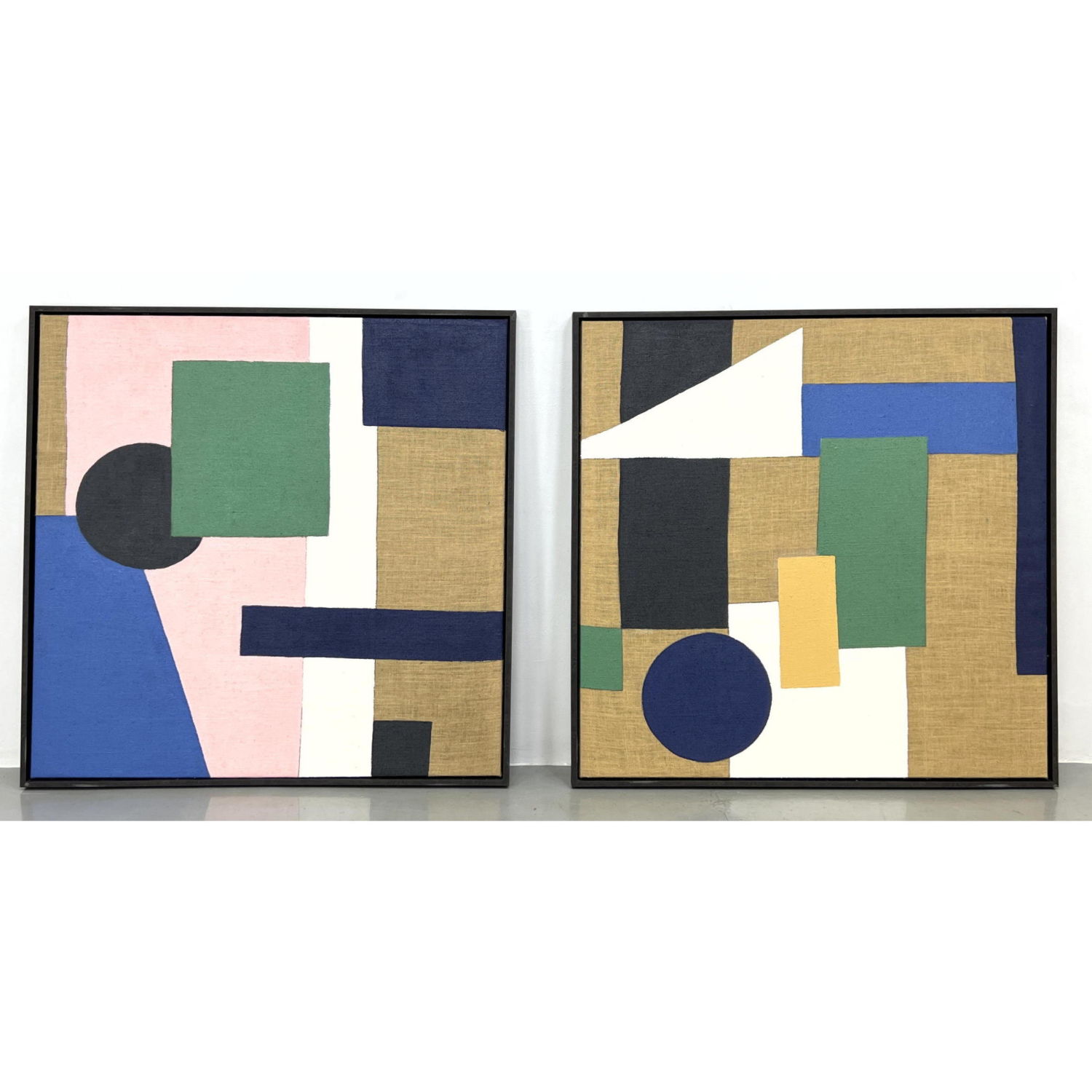 Appraisal: Pair Large Geometric Paintings on Burlap Canvas Unsigned Dimensions H