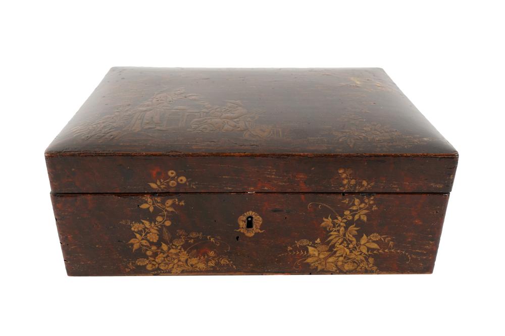 Appraisal: CHINOISERIE LACQUERED TABLE BOXthe hinged lid enclosing a padded fabric-lined