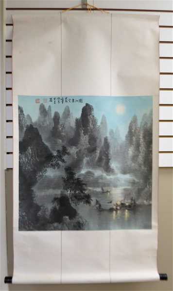 Appraisal: CHINESE SCROLL WATERCOLOR AND INK WASH ON PAPER nocturnal fishing