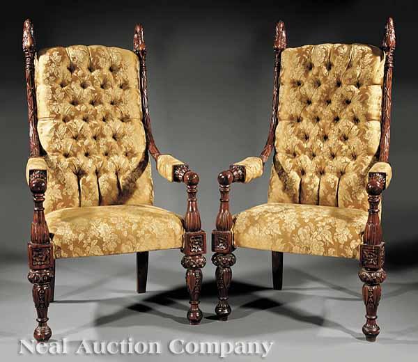 Appraisal: A Pair of Large Antique Carved Mahogany Armchairs late th