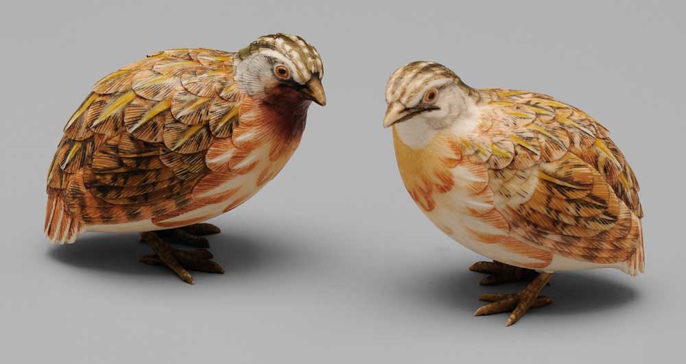 Appraisal: Pair Ivory Quail Japanese early th century mirror images finely