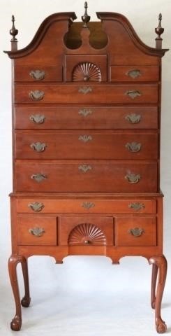 Appraisal: PART CENTENNIAL HANDMADE CHERRY CHIPPENDALESTYLE HIGHBOY BONNET TOP WITH BROKEN