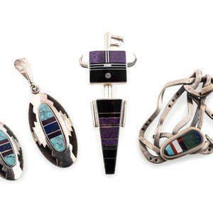 Appraisal: Navajo and Apache Sterling Silver Pendants and Pins with Mosaic