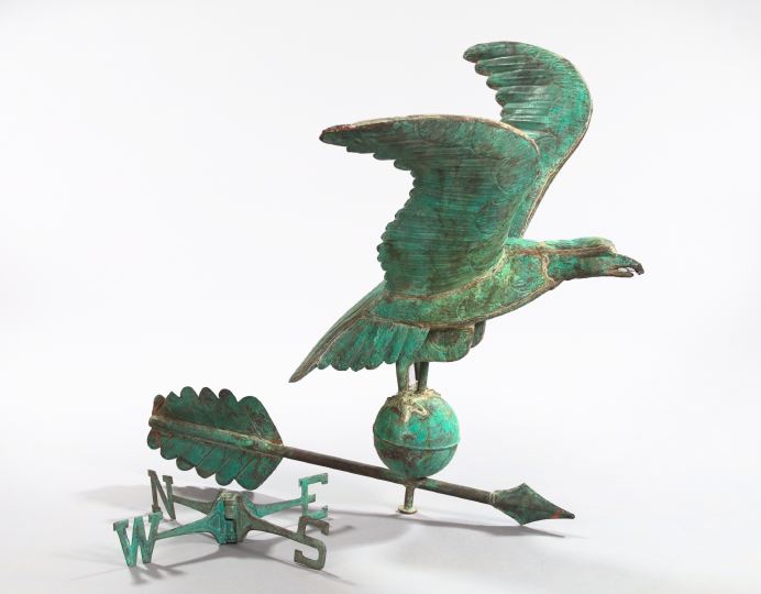 Appraisal: Large Patinated Copper Weathervane depicting an American eagle perched atop