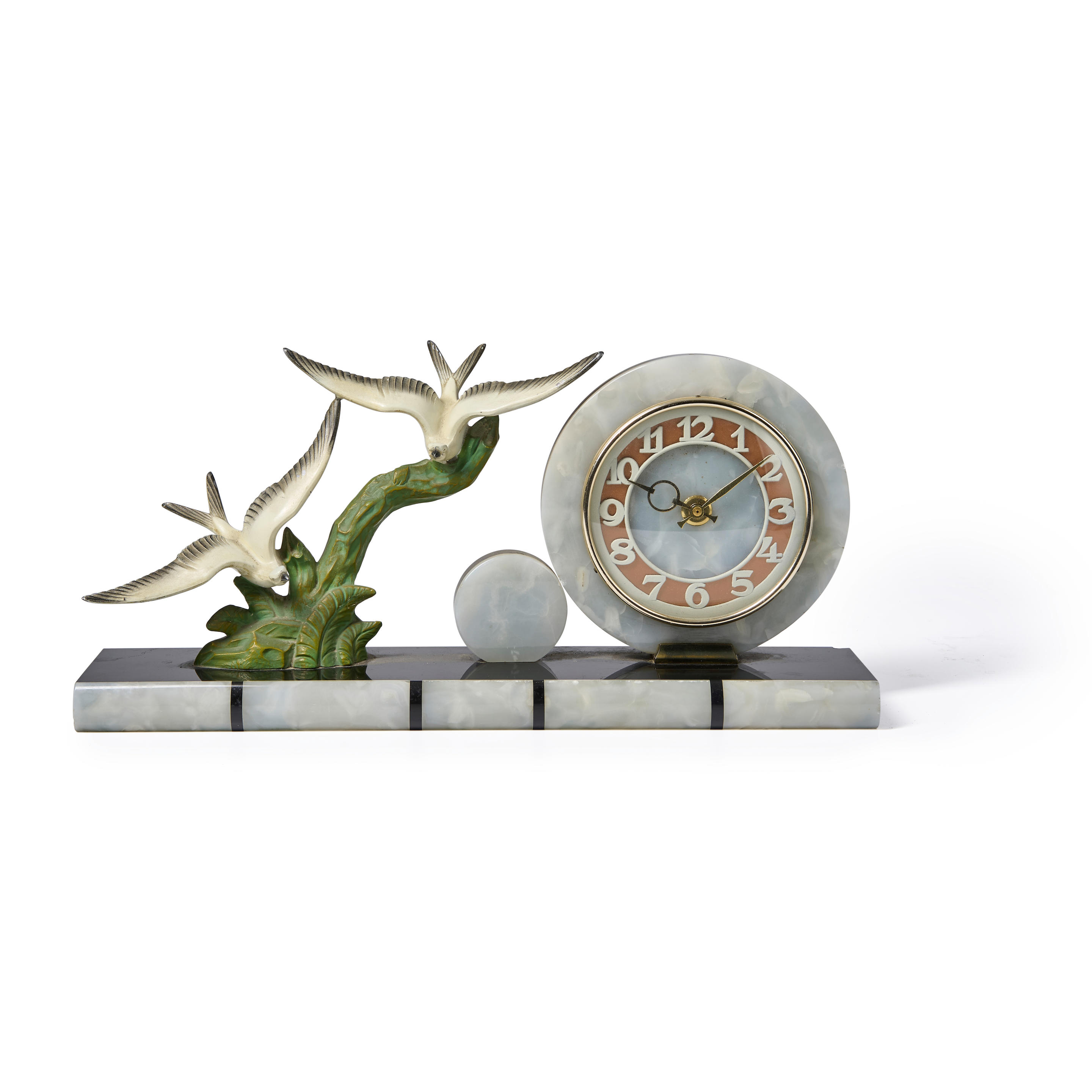 Appraisal: Art Deco-style Faux Marble Mantle Clock the circular dial next