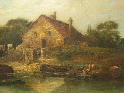 Appraisal: CIRCLE OF GEORGE VINCENT River Scene with Cottage and Figures