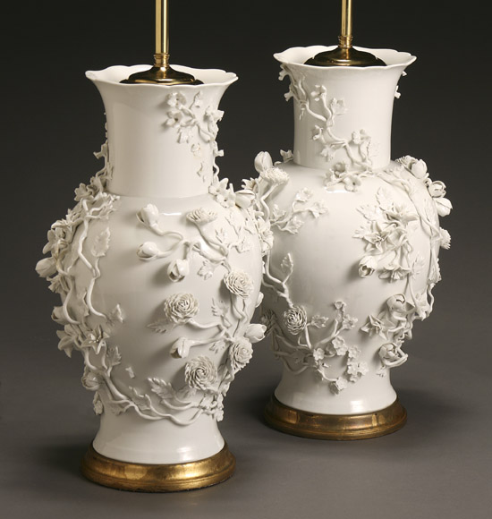 Appraisal: Pair of Meissen-Type Floral Encrusted White Glazed Vases Late th-Early