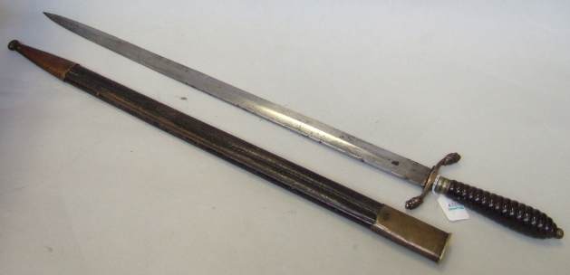 Appraisal: A German hunting sword with straight steel blade cm cross