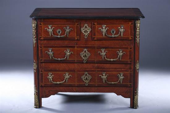 Appraisal: REGENCE PARQUETRY-INLAID MIXED-WOOD COMMODE early th century with replaced mounts