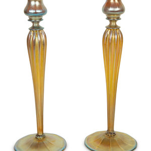 Appraisal: A Pair of Tiffany Studios Favrile Glass Candlesticks Early th