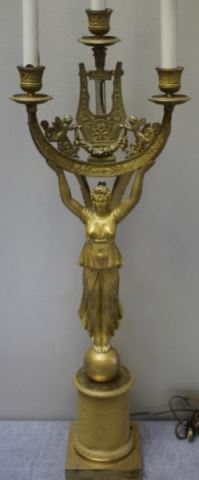 Appraisal: Empire Dore Bronze Figural Candelabra Lampwith Lyre Decoration Fine quality