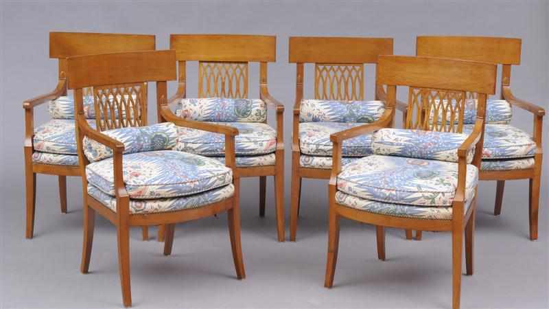 Appraisal: SET OF SIX ITALIAN NEOCLASSICAL CARVED FRUITWOOD ARMCHAIRS Each curved