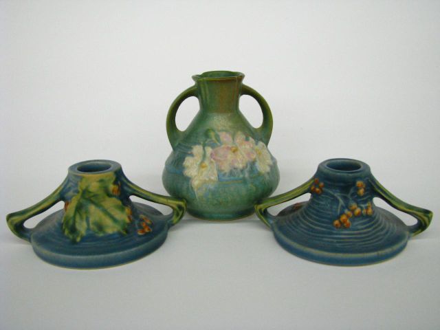 Appraisal: Three items of Roseville Pottery including Bushberry pair of blue