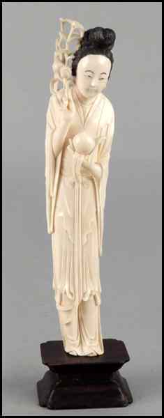 Appraisal: CARVED IVORY FIGURE OF A MAIDEN HOLDING FRUITS Together with