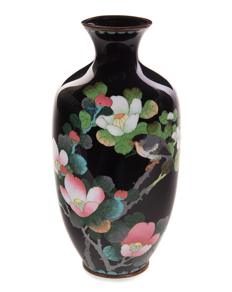 Appraisal: Black Floral Bird Cloisonn Vase Oriental black vase flower and