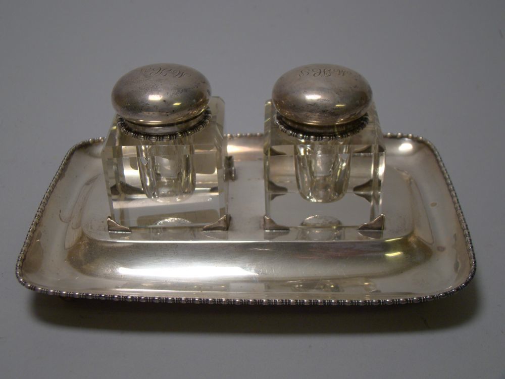 Appraisal: STERLING SILVER AND CRYSTAL DOUBLE-INKWELL STANDISH By Hartford Sterling Co