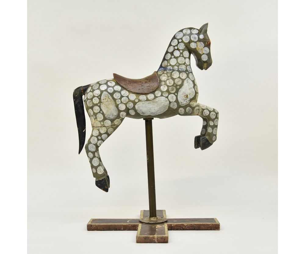 Appraisal: Carved Painted Dappled Wooden Horse Carved jumping dappled painted wooden