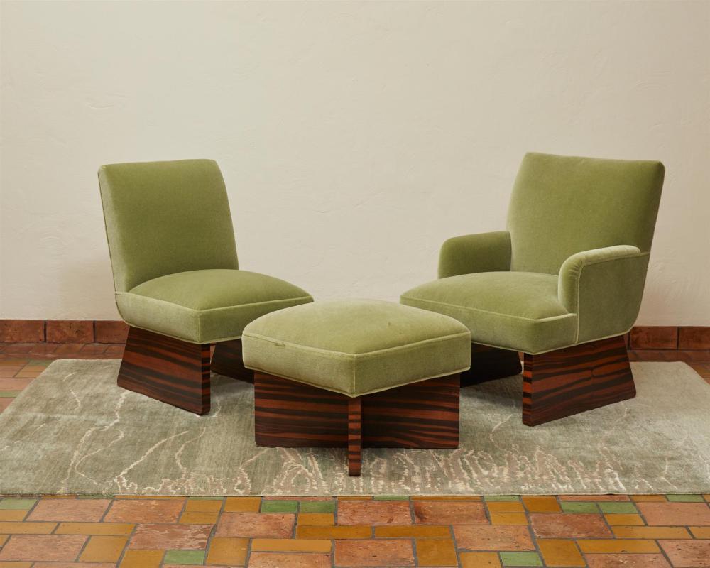 Appraisal: A pair of French Art Deco mohair chairs with ottoman