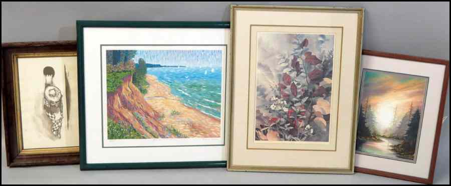 Appraisal: GROUP OF FIVE FRAMED TH CENTURY PRINTS AND PAINTING River