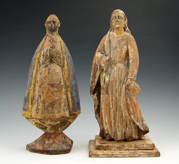 Appraisal: EARLY CARVED RELIGIOUS SANTOS FIGURES Priest in prayer '' tall