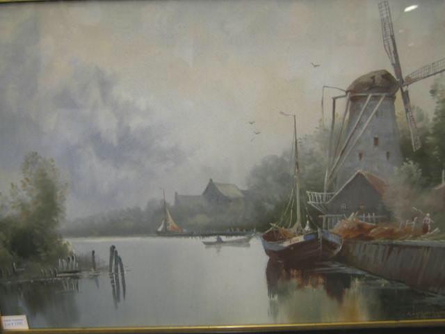 Appraisal: E Landser Harris Watercolor Gouache Dutch landscape with windmill boats