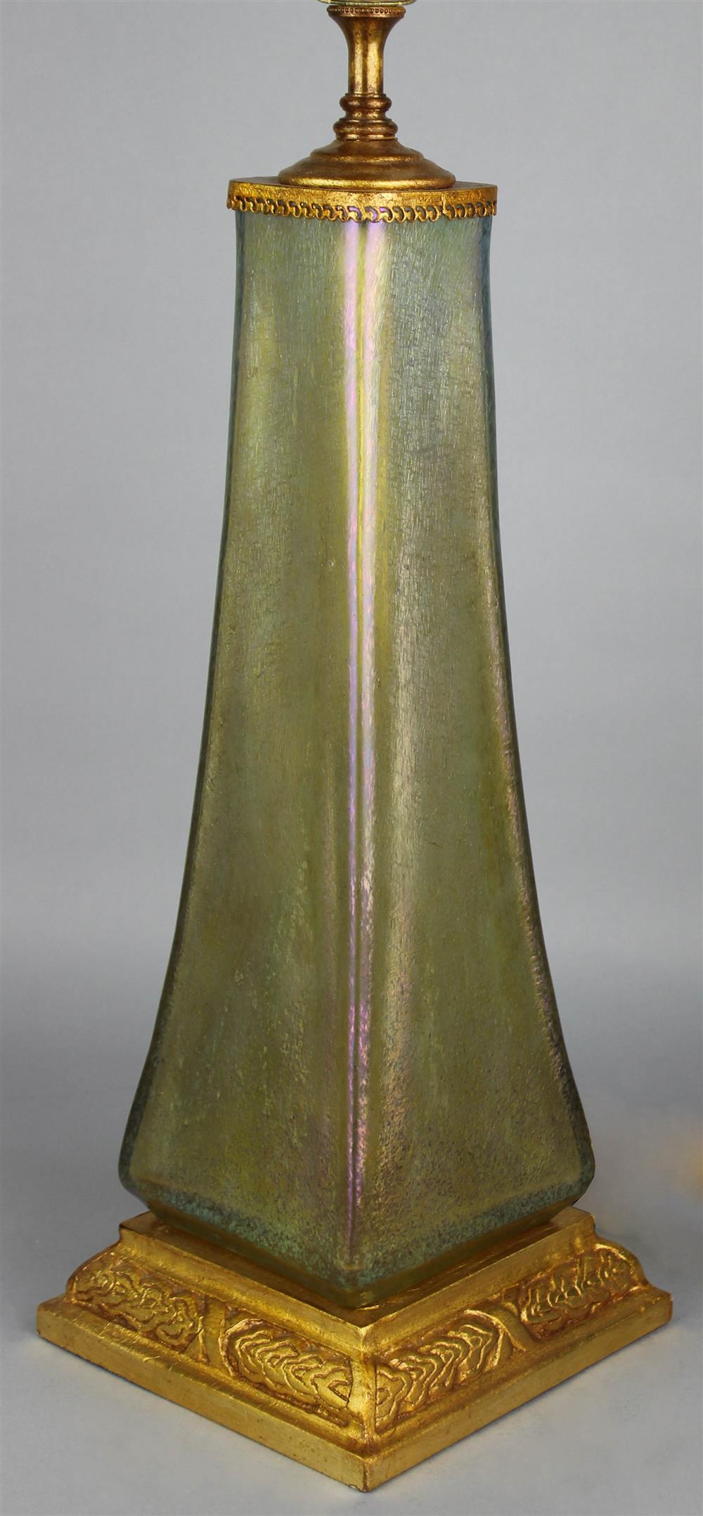 Appraisal: ART DECO IRIDESCENT GLASS AND GILTWOOD LAMP glass possibly by