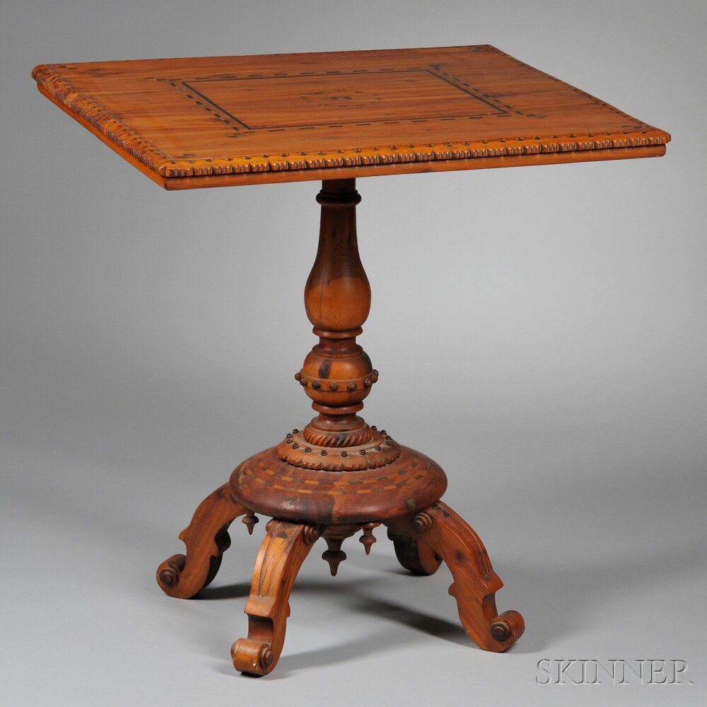 Appraisal: Parquetry Tilt-top Tea Table th th century the chip-carved square