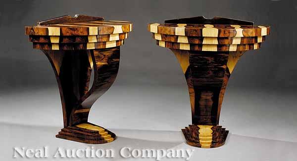 Appraisal: A Pair of Art Deco-Style Laminated Exotic Woods Demilune Consoles